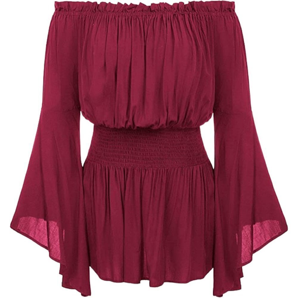 Hanna Nikole Women's Plus Size Blouse Off Shoulder Trumpet Sleeve Peasant Top - Picture 3 of 4